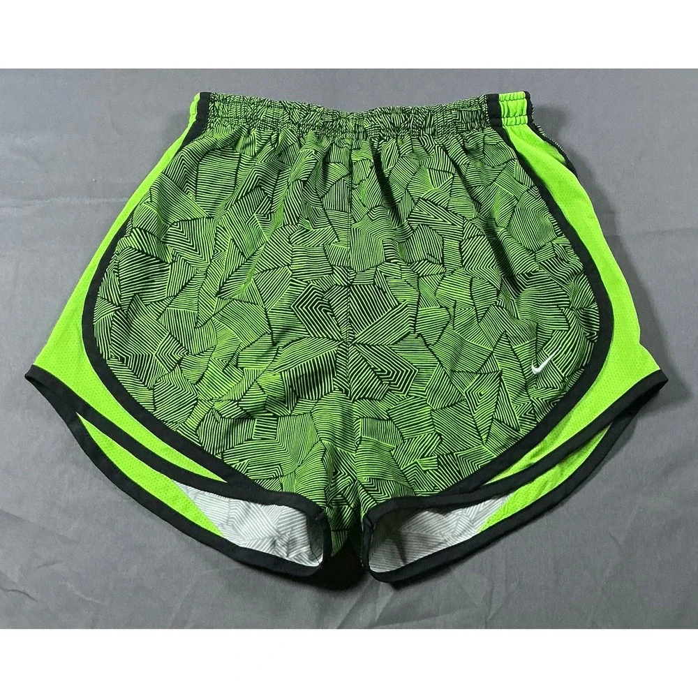 Nike Womens Dri-FIT Tempo Running Shorts Neon Green Black Geometric XS